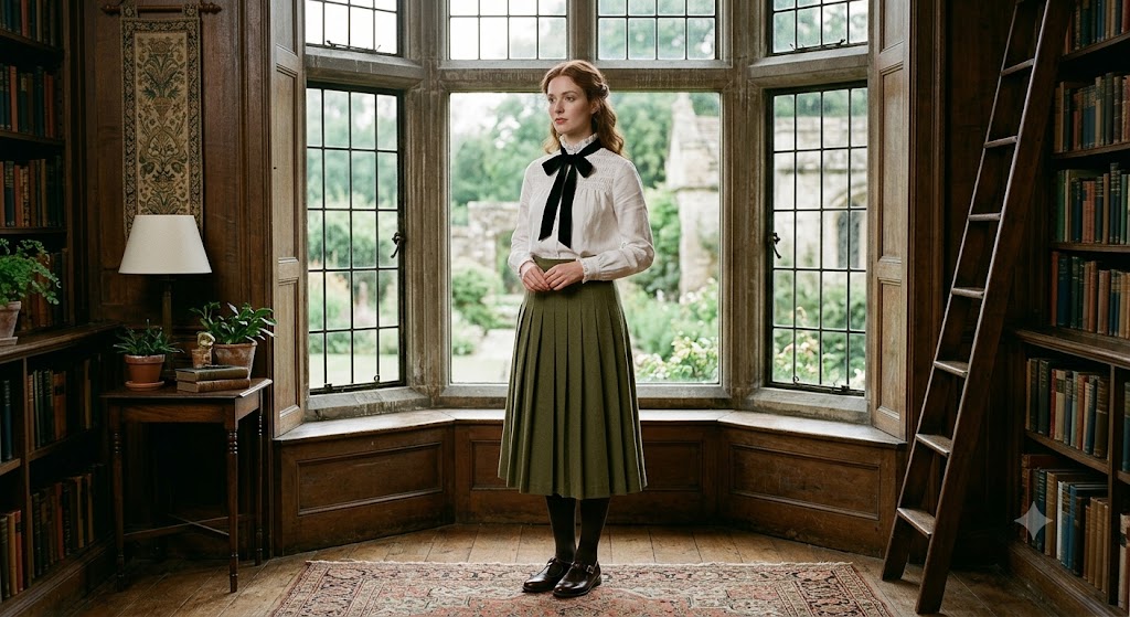 Victorian Neck Ribbon and Pleated Midi Skirt